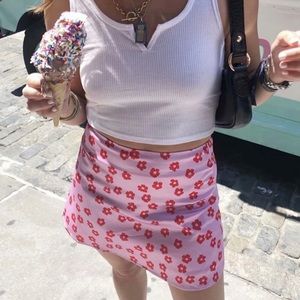 Pink satin floral skirt